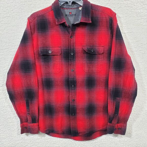 Woolrich Flannel Men’s Sz L Black Red Cotton Flannel Long Sleeves Button Shirt - Picture 1 of 15